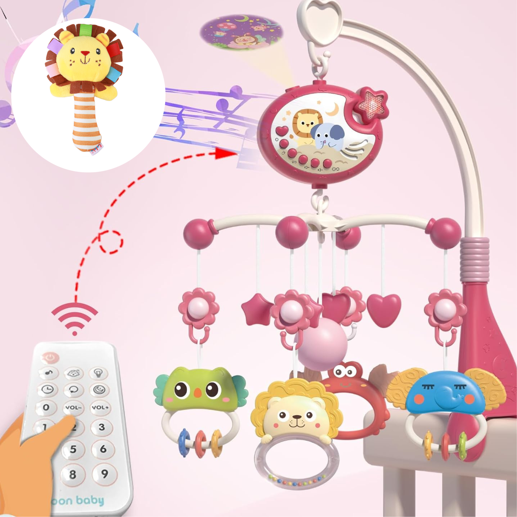 MOVIL PROYECTOR MUSICAL + SONAJA ANIMALITOS ROSADO